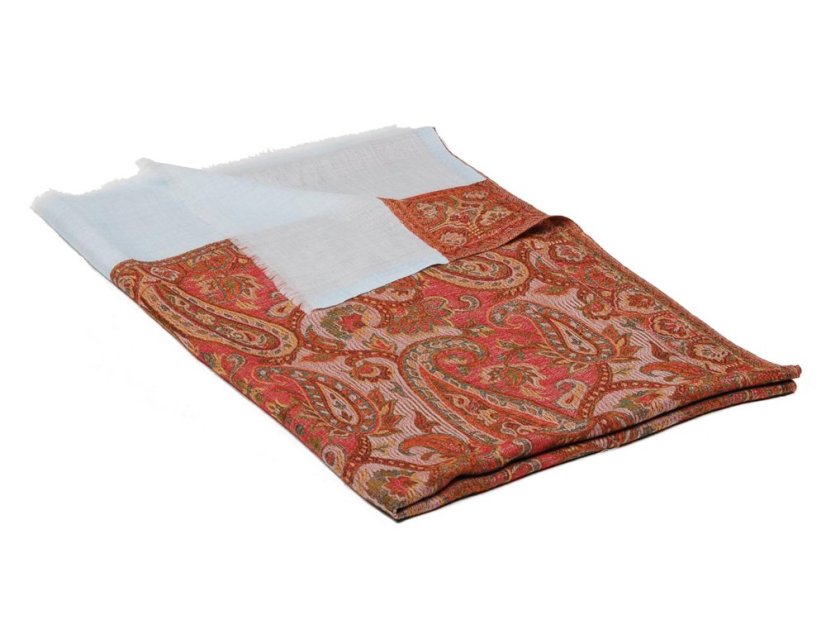 Kašmírska vlnená pašmína Khani Jamavar exclusive s červenou a svetlomodrou