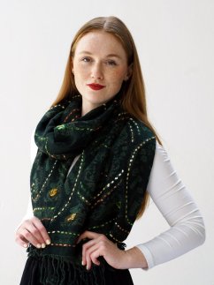 Šála z merino vlny s vyšíváním tmavě zelená