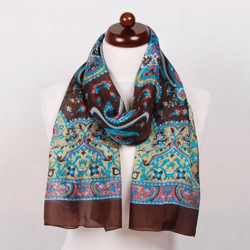 Hodvábny šál s potlačou tmavohnedo-zlatý