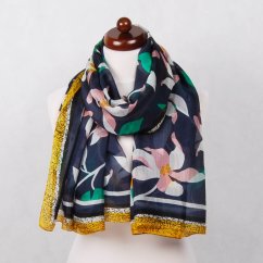 Seidenschal mit Aufdruck groß dunkelblau mit Hellrosa und Gelb