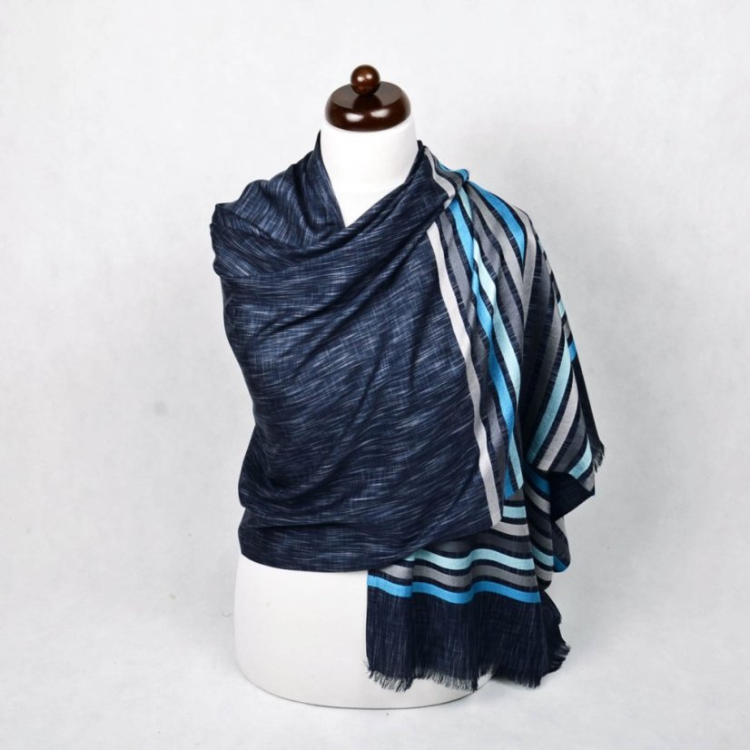 Šála z viskózy a hedvábí s pruhy tmavě šedá s šedou a světle tyrkysovou