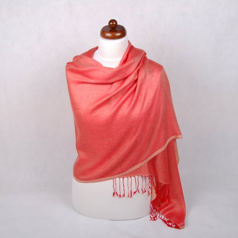 Šála z viskózy a hedvábí oboustranná červeno-světle béžová