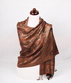 Hedvábná šála Super velká šedohnědá s tmavě oranžovou a tmavě modrou