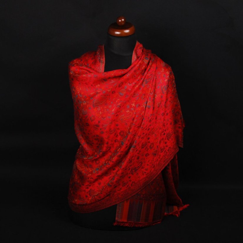 Šál z viskózy a hodvábu Khani Jamavar červený s tmavozelenou farbou