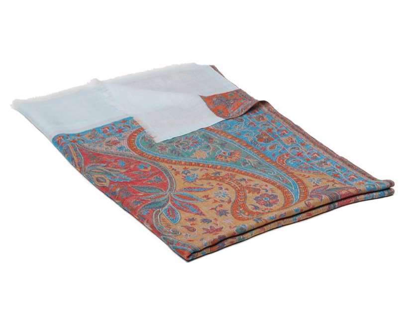 Kašmírska vlnená pašmína Khani Jamavar exclusive Kalsang so svetlomodrou a tyrkysovou farbou