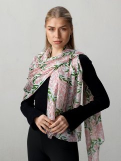 Großer Seidenschal mit Muster mit Pflanzenmotiv in Weiß, Rosa und Grün