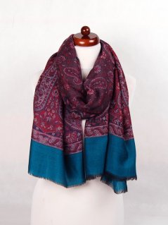 Kašmírská vlněná pašmína Khani Jamavar exclusive s tmavě modrou a červenou