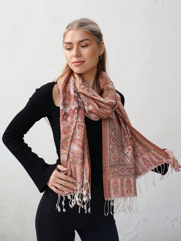 Seidenschal Super groß cremefarben mit Rot