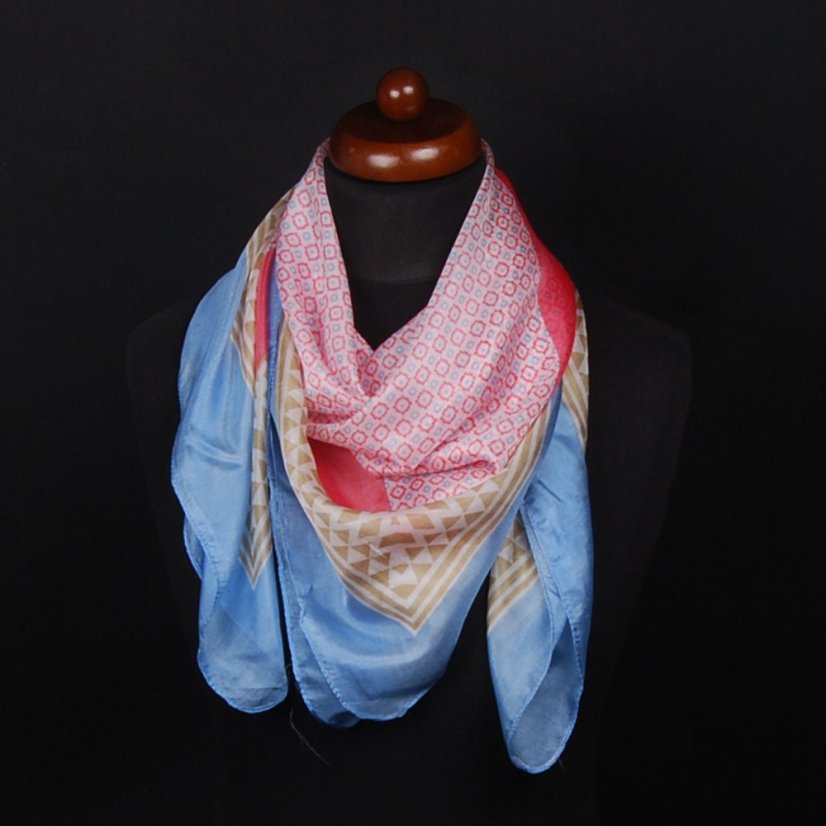 Hedvábný šátek s potiskem růžový se světle modrou