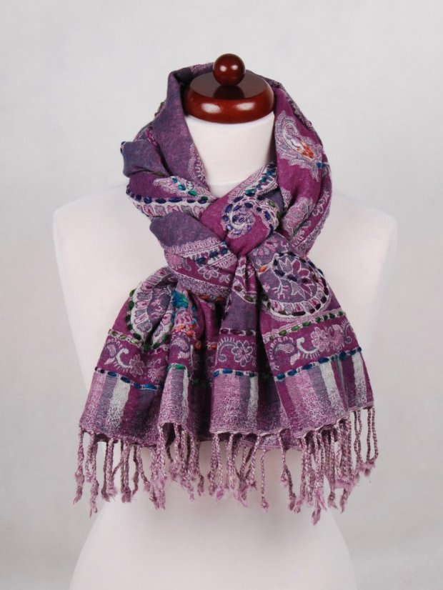 Šál z merino vlny s vyšívaním fialový