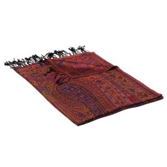 Šál z viskózy a hodvábu čierny s červenou a tmavomodrou farbou