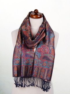 Hodvábny šál Super veľký Tsewang tmavomodrý s tyrkysovou a červenou farbou