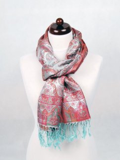 Hodvábny šál Super veľký svetlomodrý s magentou a oranžovou