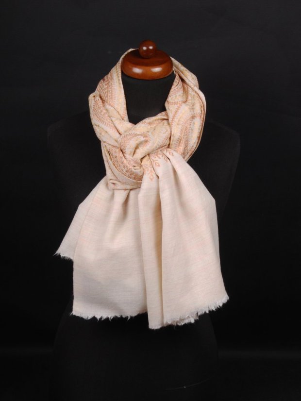 Kašmírsky vlnený šál vyšívaný hodvábom svetlobéžový so zlatou a svetlohnedou farbou