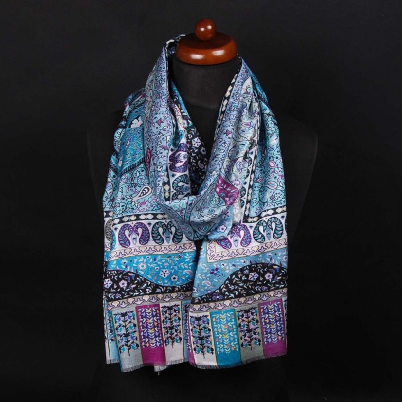 Schal aus Viskose und Seide mit Aufdruck mit Hellblau-Grau und Lila