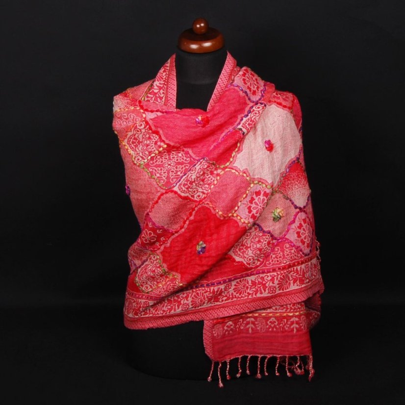 Šál z merino vlny s vyšívaním tmavoružový so smotanovou farbou