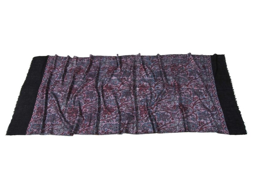 Kašmírská vlněná pašmína Khani Jamavar exclusive s šedou, tmavě červenou a černou
