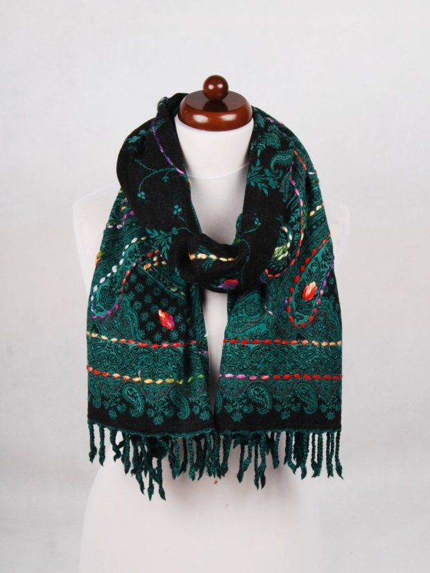 Šál z merino vlny s vyšívaním tmavozeleno-čierny