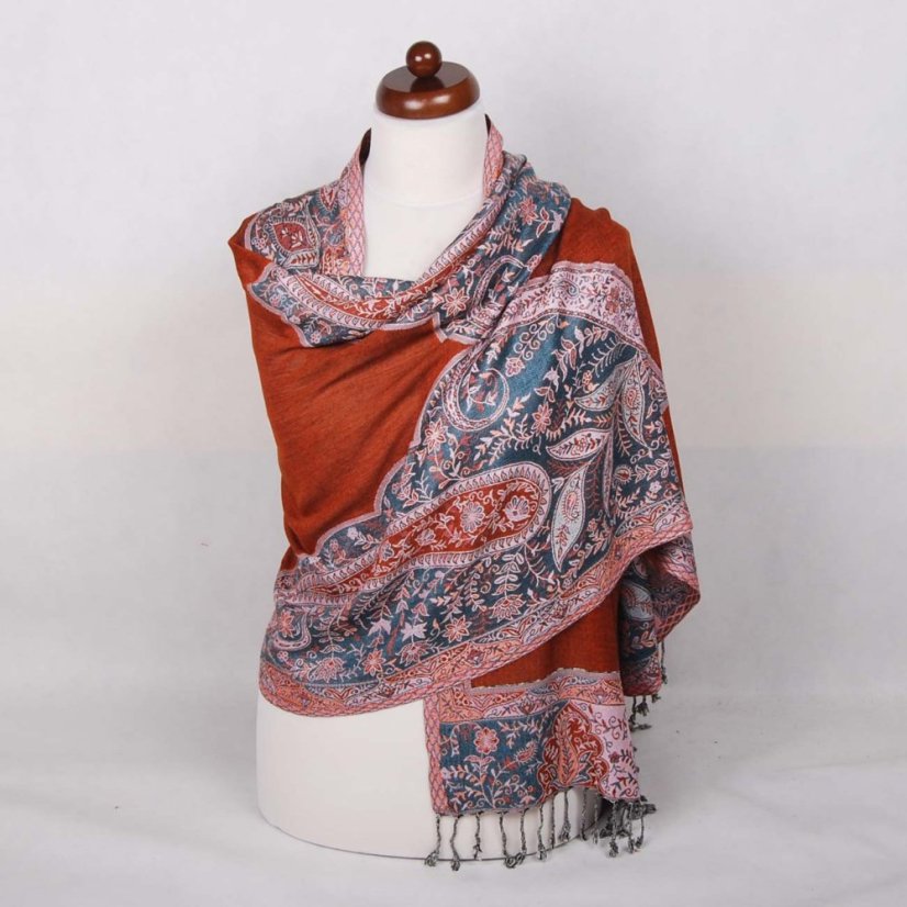 Prostříhávaná šála z viskózy měděná s tmavě tyrkysovou