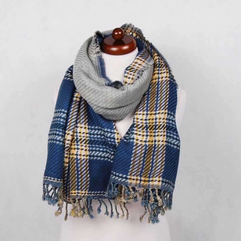 Šál z viskózy a akrylu obojstranný modrý so žltou a svetlošedou farbou