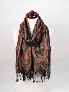 Hedvábná šála Super velká černá s červenou a tyrkysovou