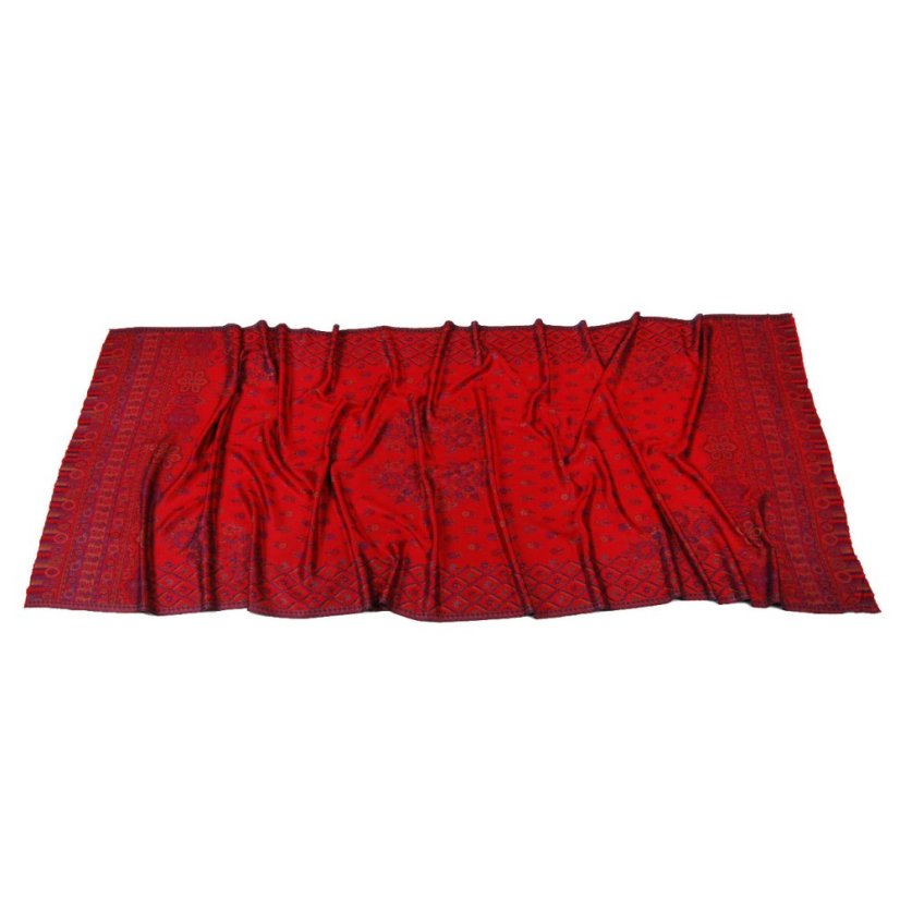 Šála z viskózy a hedvábí Khani Jamavar Metok červená s tmavě modrou