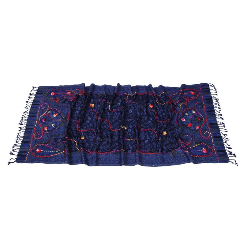 Šála z merino vlny s vyšíváním Kalsang tmavě modrá