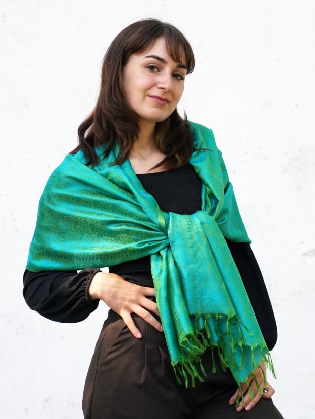 Hedvábná šála z Váránasí zeleno-tyrkysová