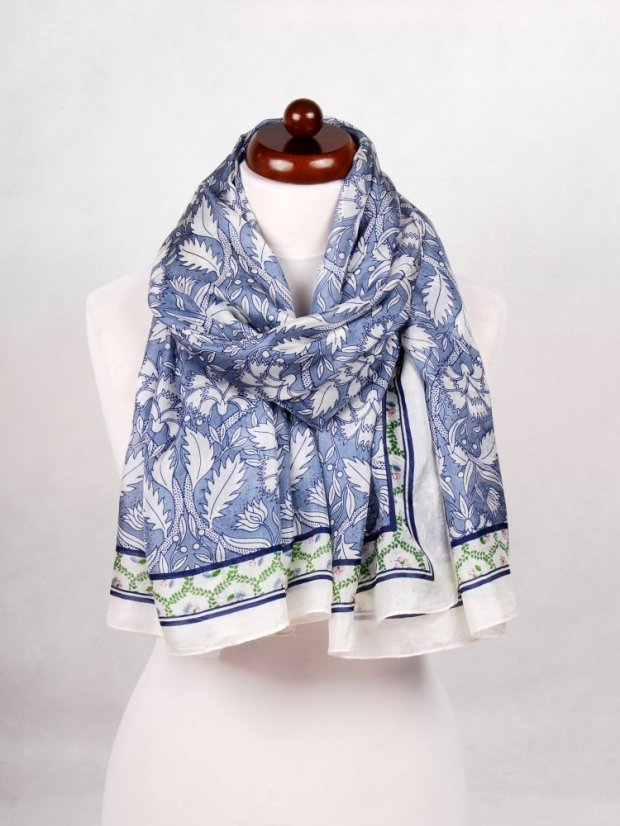 Großer Seidenschal mit Blumenmuster,  graublau