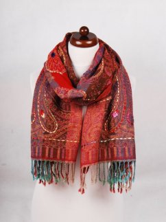 Šála z merino vlny s vyšíváním mnohobarevná s červenou