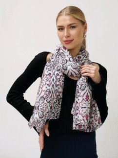 Großer Seidenschal mit Ziermuster weiß mit Magenta und Schwarz