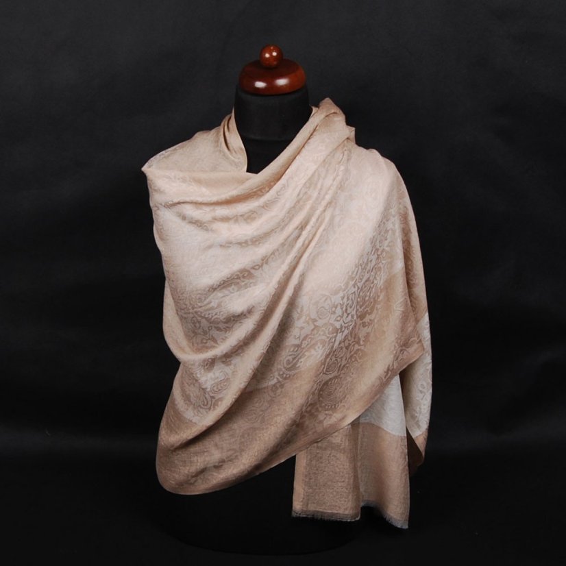 Originální kašmírová pašmína šedobéžová se smetanovou