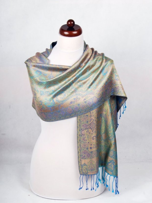 Seidenschal Super blau-türkis mit Gelb