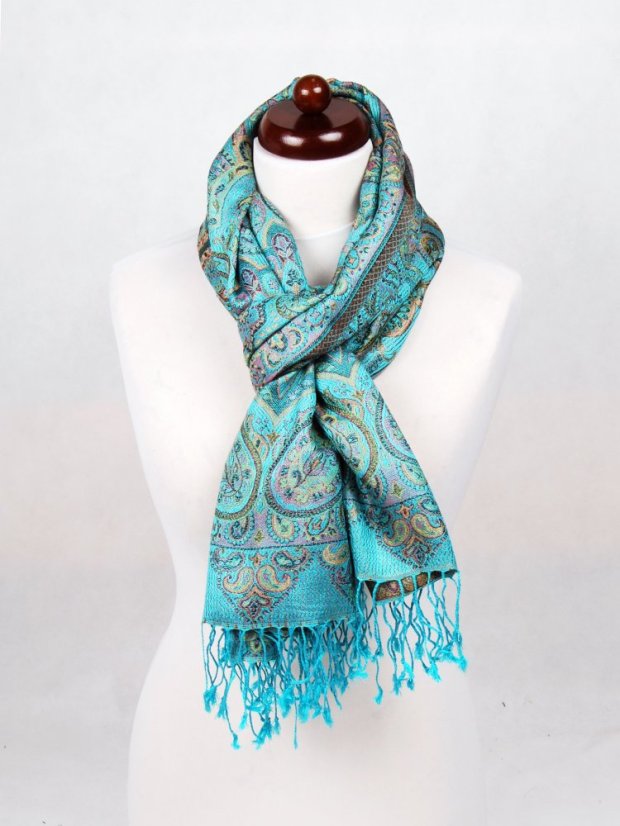 Hedvábná šála Super velká tyrkysová se žlutou