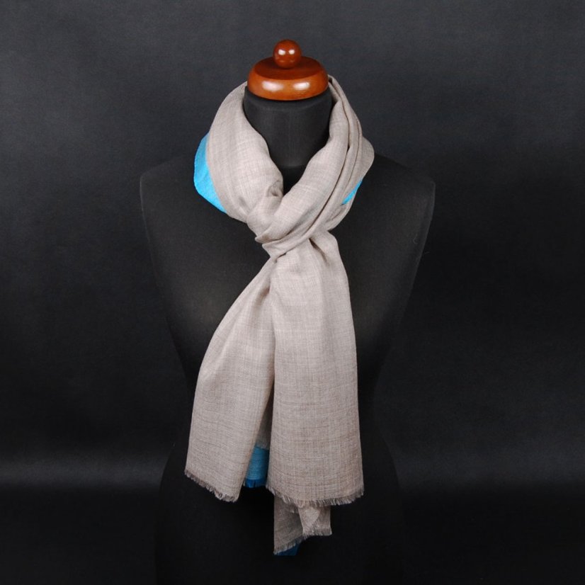 Kašmírská vlněná pašmína exclusive s hedvábím šedohnědá se světle modrou