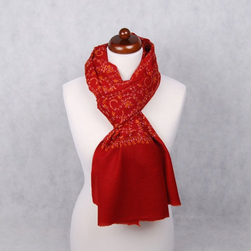 Kaschmirischer Wollschal handgestickt bordeaux mit Helllila