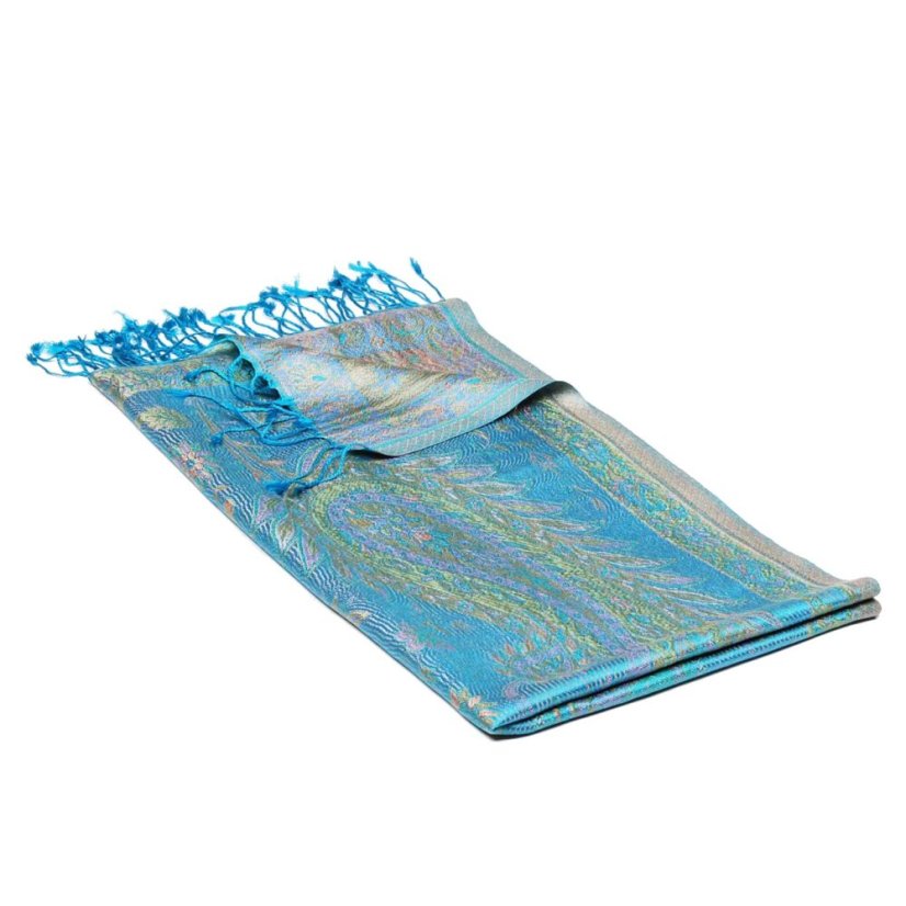 Hedvábná šála Super střední tyrkysová se žlutou a růžovou