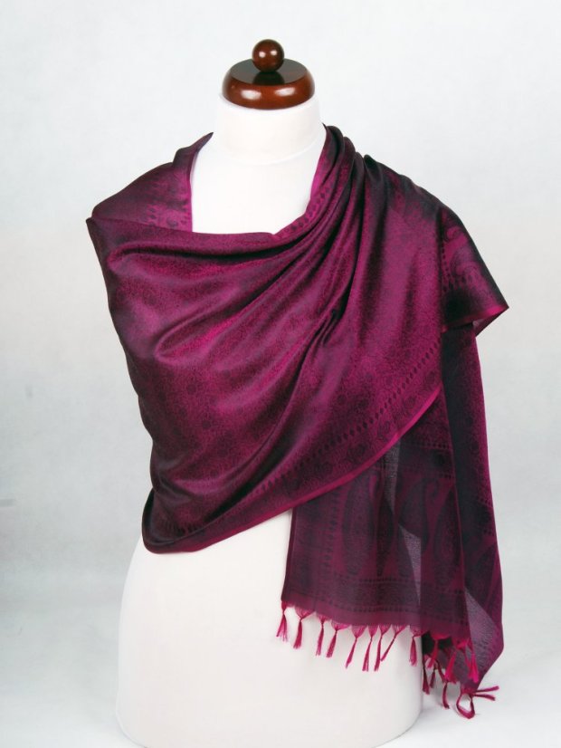 Seidenschal aus Varanasi in Magenta mit Schwarz