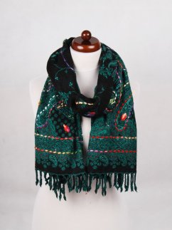Šála z merino vlny s vyšíváním tmavě zeleno-černá