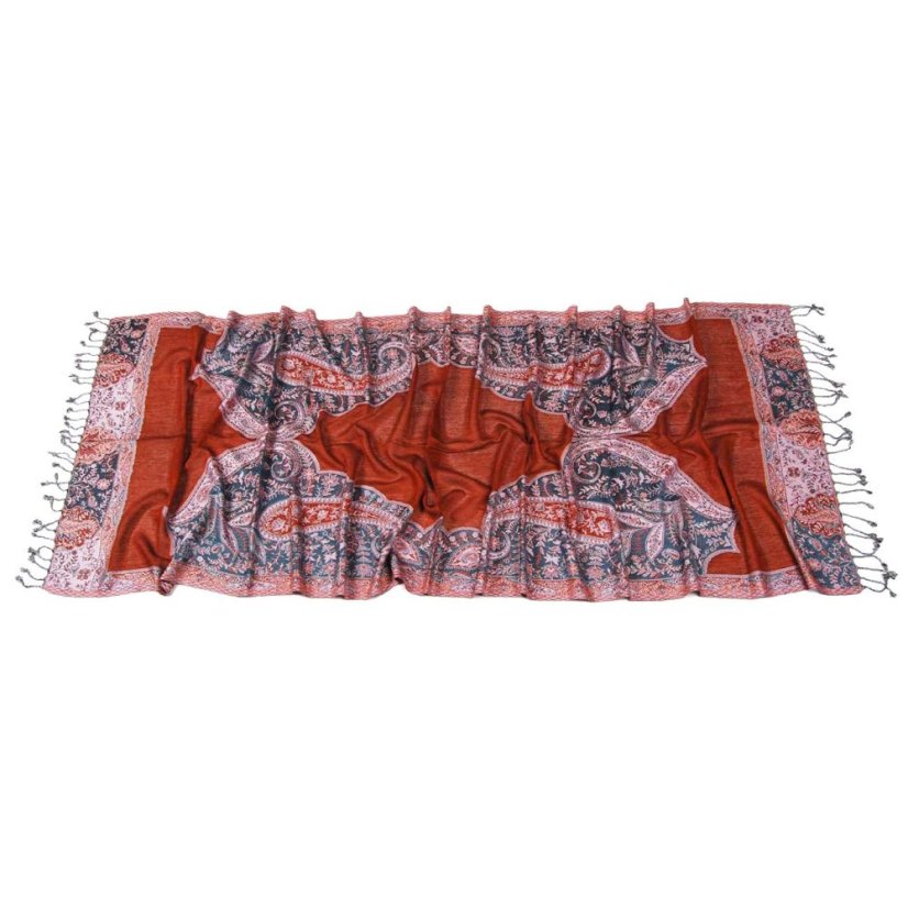 Prostříhávaná šála z viskózy měděná s tmavě tyrkysovou