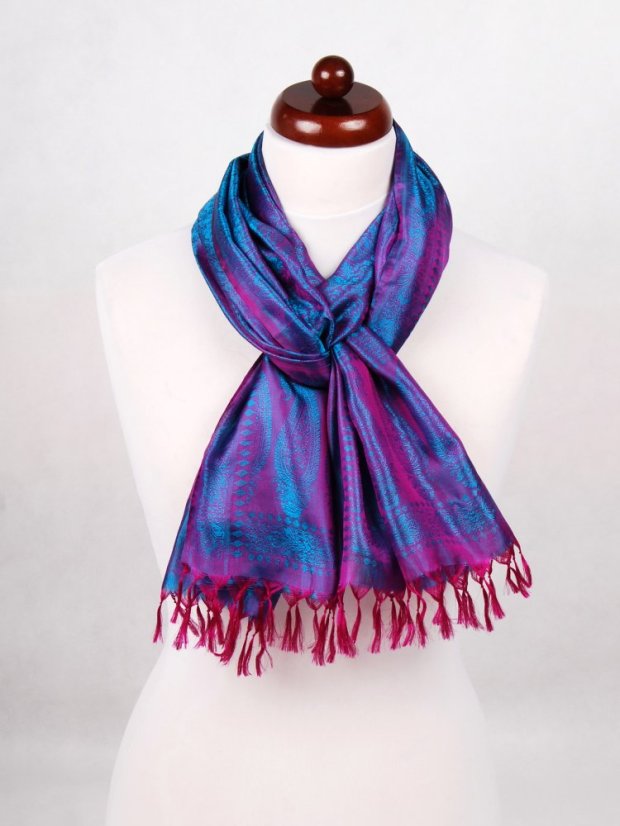 Seidenschal aus Varanasi in Magenta mit Türkis