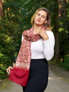 Kaschmirische Pashmina bordeauxrot mit Seide-Stickerei in heller Goldfarbe