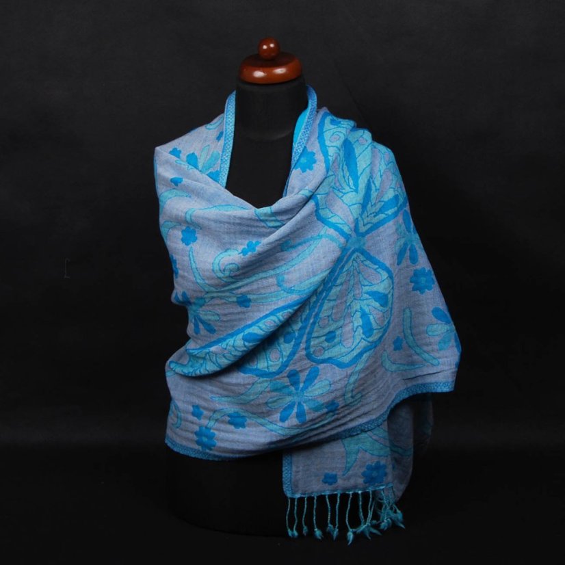 Schal aus Merinowolle Drolma türkis-cremefarben mit Dunkelblau