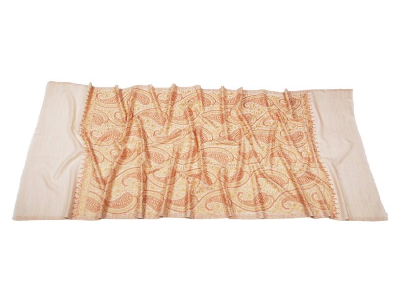 Kašmírsky vlnený šál vyšívaný hodvábom svetlobéžový so zlatou a svetlohnedou farbou