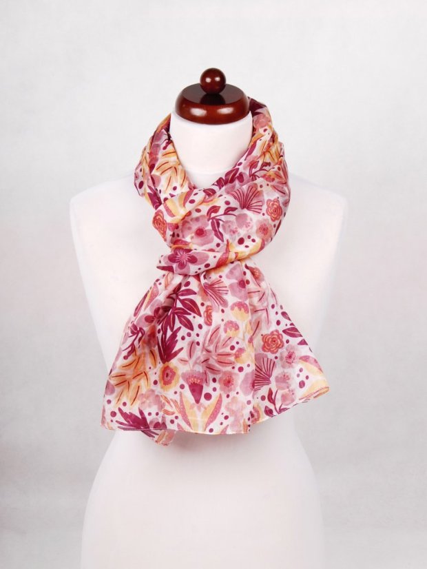 Großer Seidenschal mit Blumenmuster groß mit Altrosa, Gelb und Bordeaux