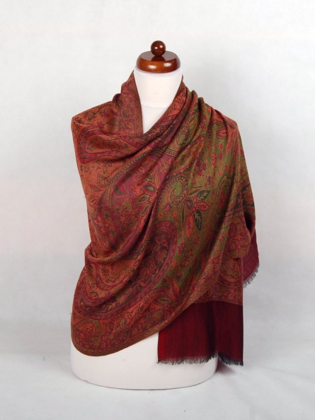 Kaschmirische Pashmina Khani Jamawar exklusiv mit Bordeaux und Magenta