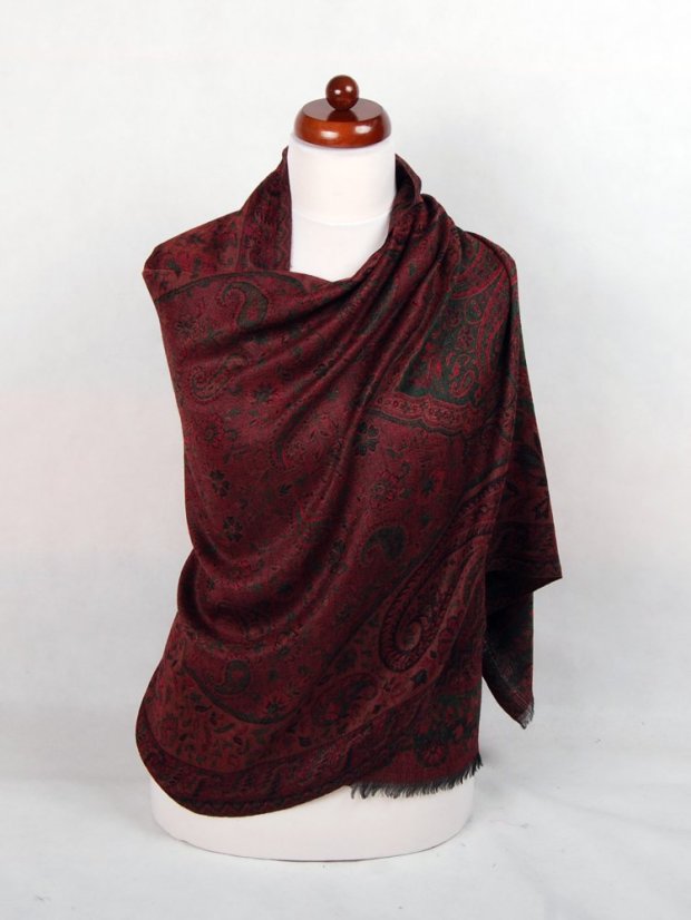 Kašmírská vlněná pašmína Khani Jamavar exclusive Drolma černo-červená s  tmavě zelenou