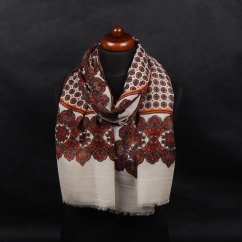 Kašmírská vlněná pašmína s potiskem černo-smetanovo-tmavě červená