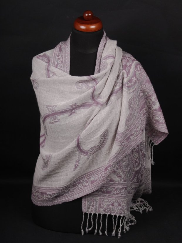 Šála z merino vlny šedofialovo-smetanová