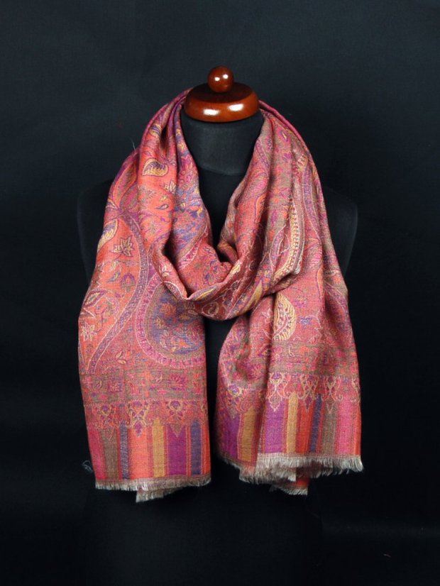 Kašmírská vlněná pašmína Khani Jamavar exclusive růžová se žlutou